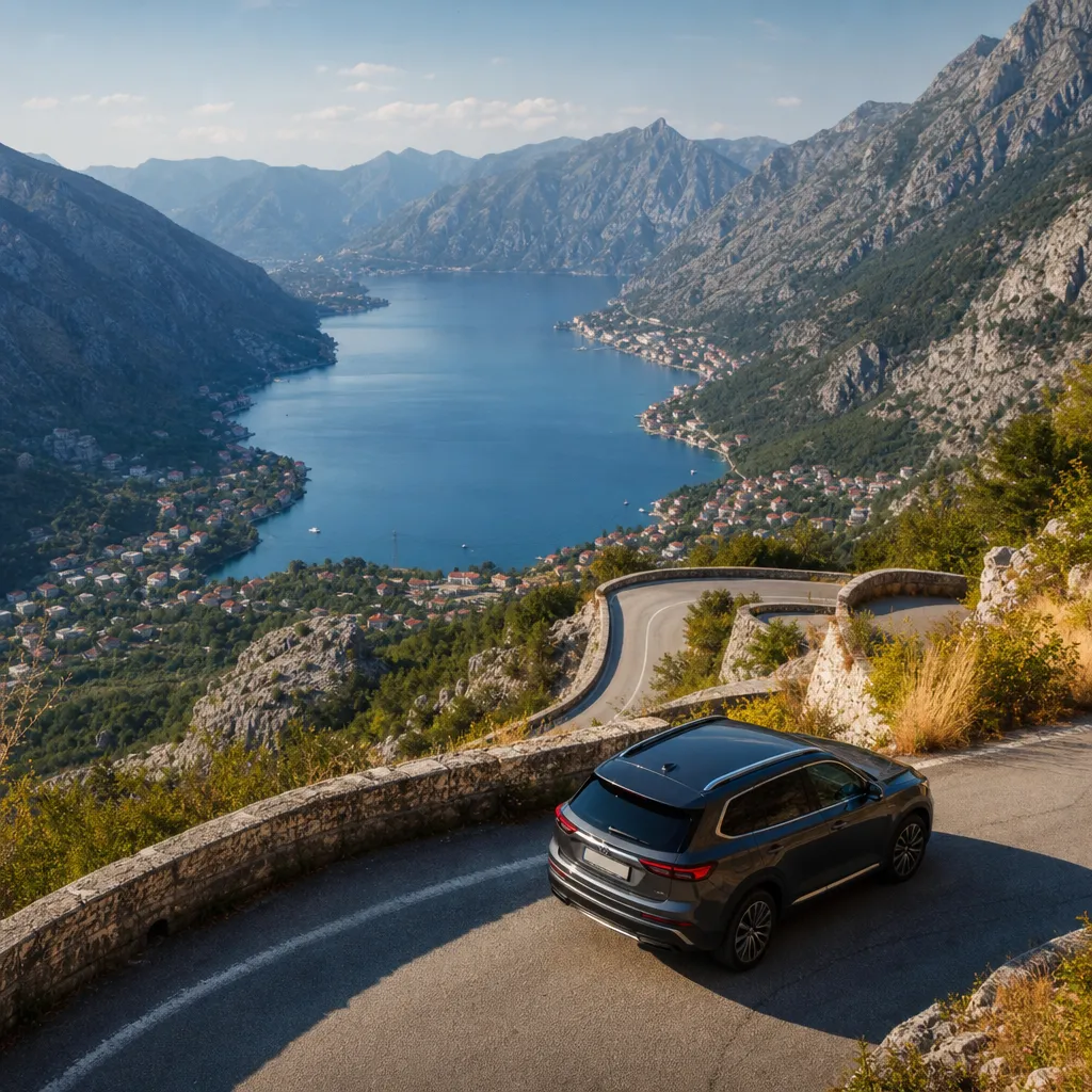 Rental car on the Kotor serpentine road above the Bay of Kotor
