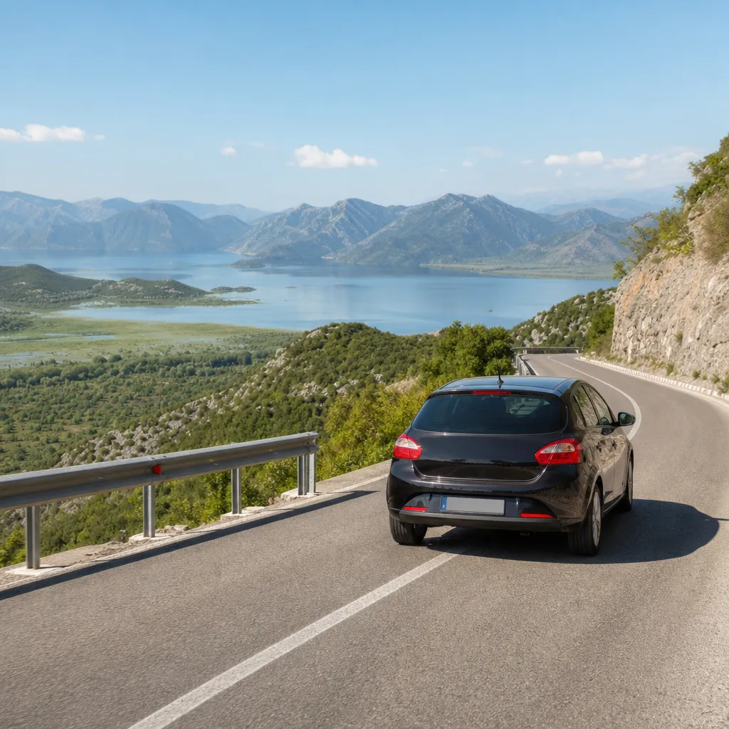 Rental car on a scenic road above Lake Skadar near Podgorica