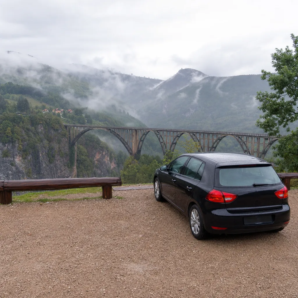 Rental car at the Tara canyon bridge viewpoint in Montenegro